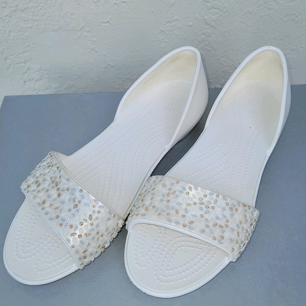 Crocs Open Toe Flats White Sparkle W10
